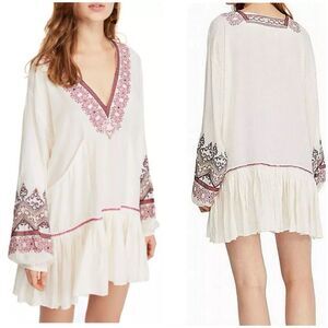 Free People Wild One Ivory Embroidered Mini Dress Tunic Size Small Boho